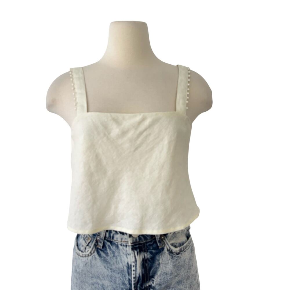 House of Harlow Linen Blend Beaded Cropped Tank Top Cream 10 NWT